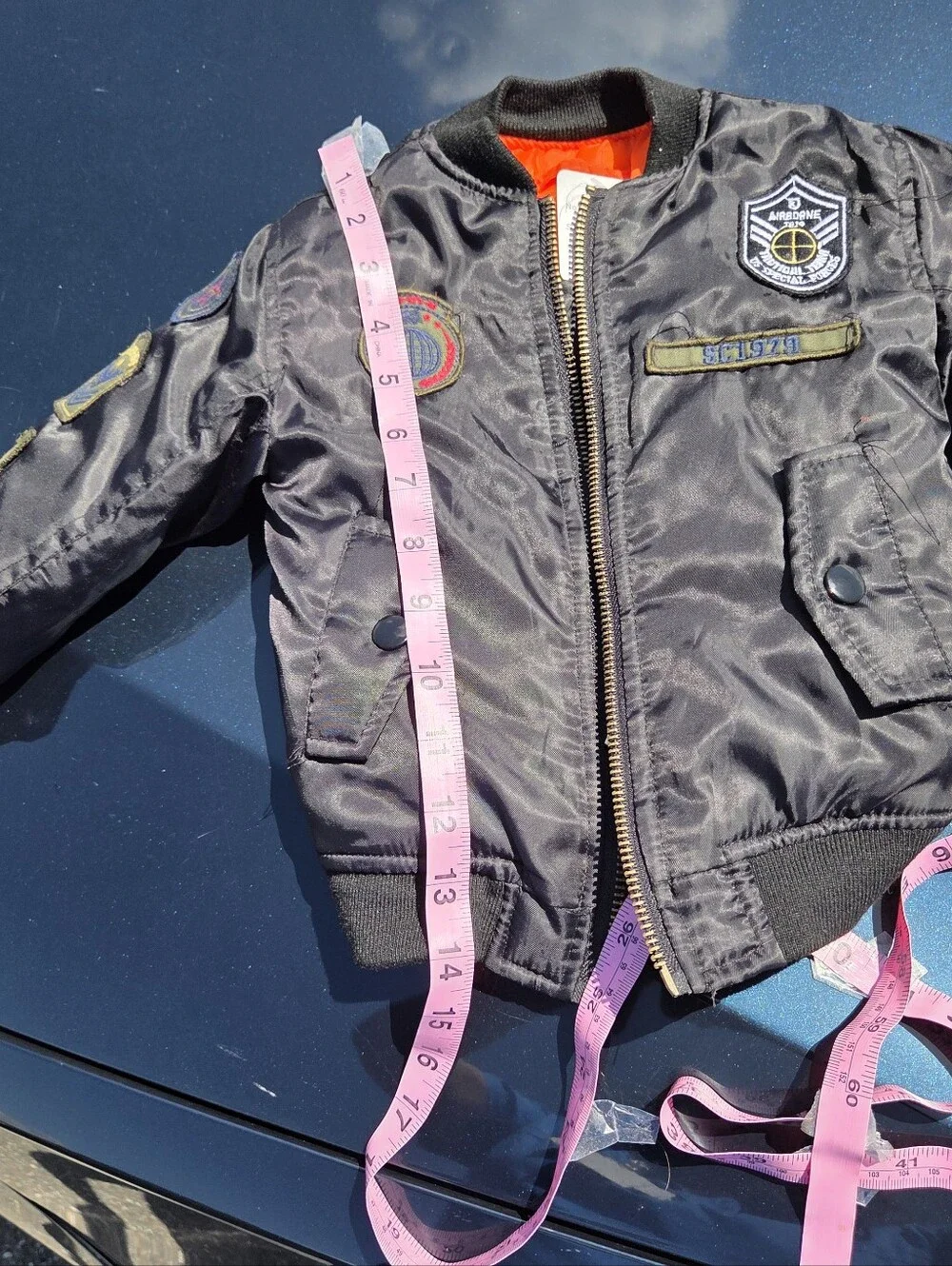 Black Bomber Jacket w/Orange Lining & Patch Details - No Size Tag, Use Measrmts